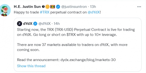 全球知名智能合约交易所 dYdX 正式上线 TRX 永续合约市场